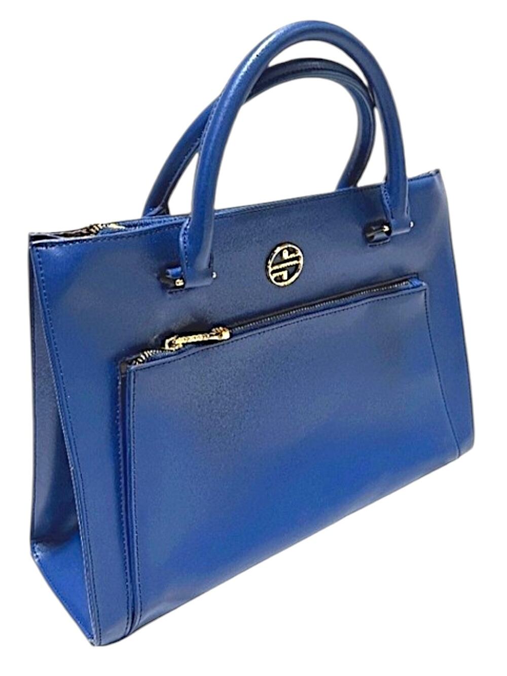 Segolene En Cuir Blue Leather Satchel Tote Shoulder Bag with Dust Bag
